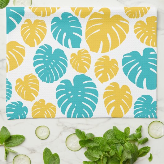 Monstera bladeren in turkoois, geel en wit theedoek (Gevouwen)