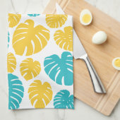 Monstera bladeren in turkoois, geel en wit theedoek (Quarter Fold)