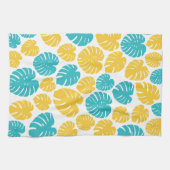 Monstera bladeren in turkoois, geel en wit theedoek (Horizontaal)