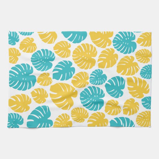 Monstera bladeren in turkoois, geel en wit theedoek (Horizontaal)