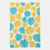 Monstera bladeren in turkoois, geel en wit theedoek (Verticaal)
