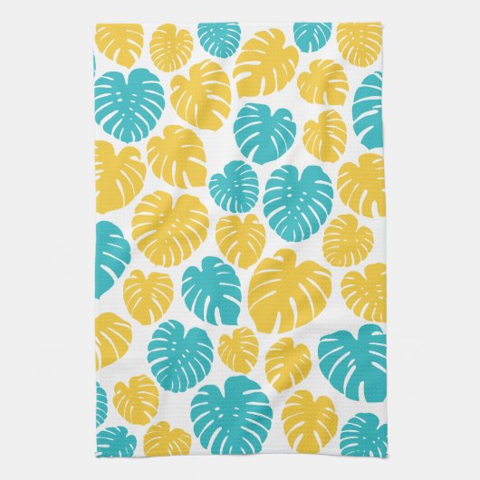 Monstera bladeren in turkoois, geel en wit theedoek (Verticaal)