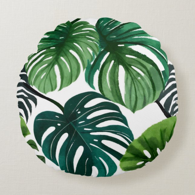 Monstera Bladeren Modern Waterverf Botanisch Rond Kussen (Voorkant)