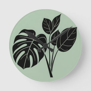 Monstera Bladeren Tropisch Minimalistisch Salie Ronde Klok