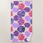 Monstera Bladeren Tropisch Paars Roze Schrift Naam Strandlaken (Voorkant)