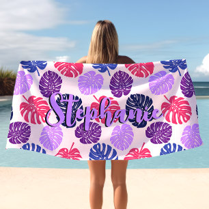 Monstera Bladeren Tropisch Paars Roze Script Naam Strandlaken