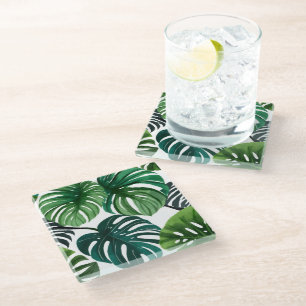 Monstera Bladeren Waterverf Modern Botanisch Glazen Onderzetter