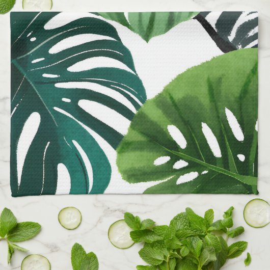 Monstera Bladeren Waterverf Modern Botanisch Theedoek (Gevouwen)