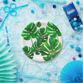 Monstera bladpatroon op papieren feestbord bordje