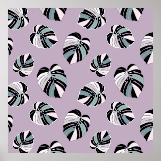 Monstera bladpatroon - Paars Groen Zwart Wit Poster (Voorkant)
