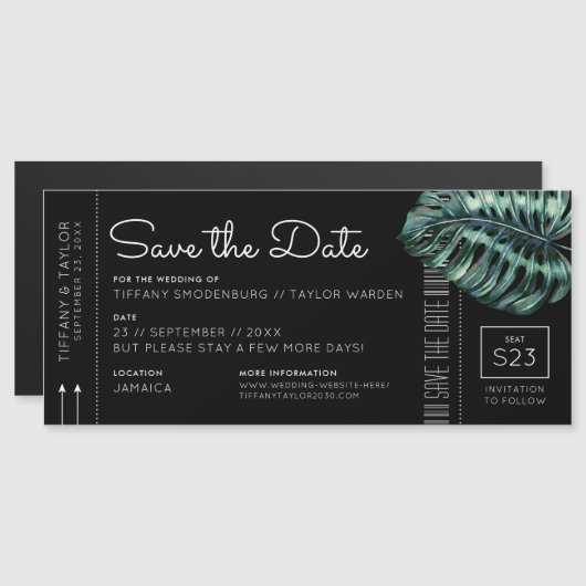 Monstera Boarding Pass Magnet Save the Date Black (Voorkant / Achterkant)