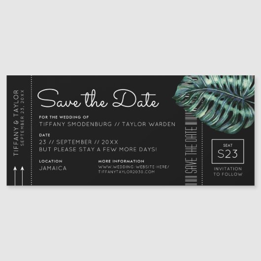 Monstera Boarding Pass Magnet Save the Date Black (Voorkant)