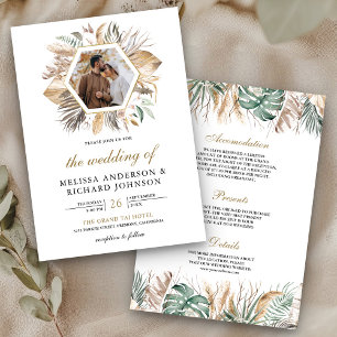 Monstera Boho Pampas All in One Photo Wedding Kaart