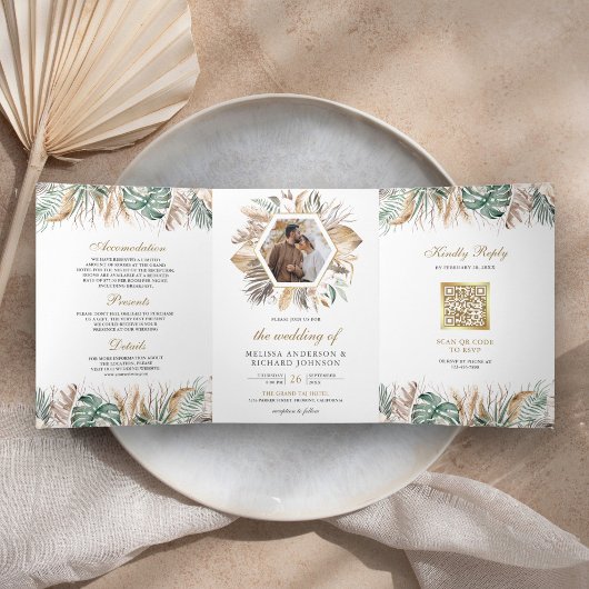 Monstera Boho Pampas All in One QR Code Weddenscha Drieluik Uitnodiging