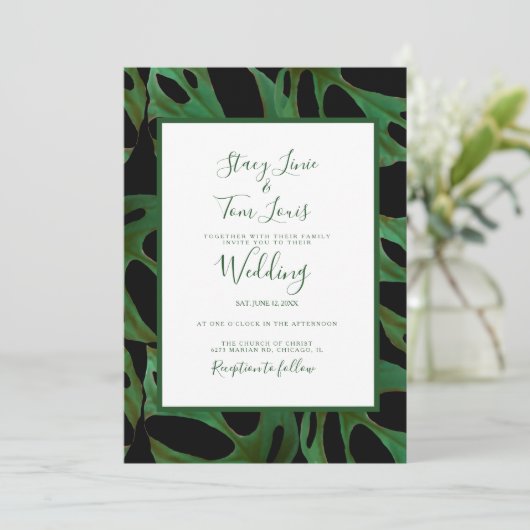 Monstera Botanical Leaf Green Wedding Black Kaart (Staand voorkant)