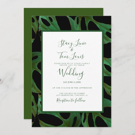 Monstera Botanical Leaf Green Wedding Black Kaart (Voorkant / Achterkant)
