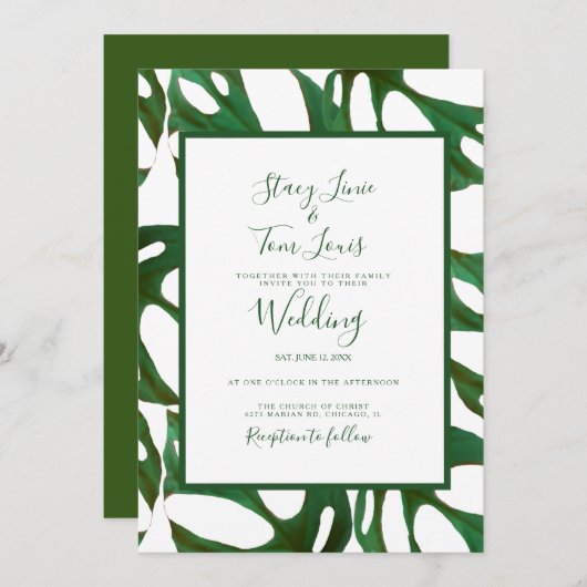 Monstera Botanical Leaf Green White Wedding Kaart (Voorkant / Achterkant)
