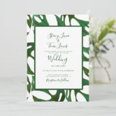 Monstera botanisch blad groen wit bruiloft kaart (Staand voorkant)