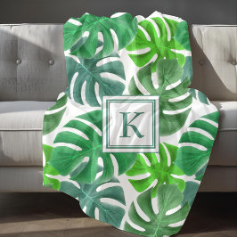 Monstera Deliciosa Bladeren Monogram Patroon Fleece Deken