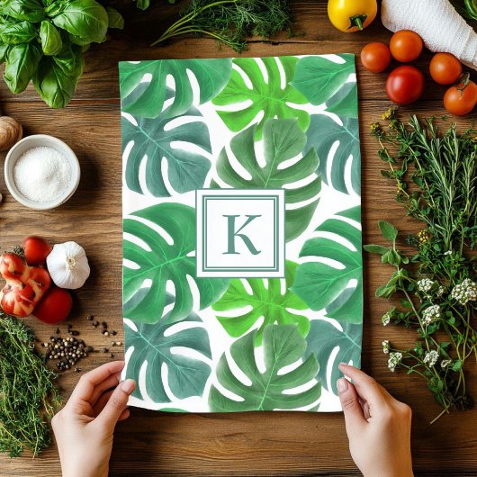 Monstera Deliciosa Leaves Monogramed Pattern Theedoek