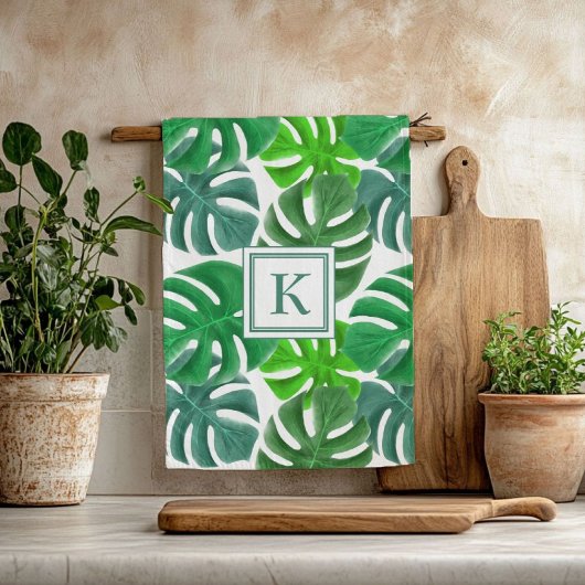 Monstera Deliciosa Leaves Monogramed Pattern Theedoek