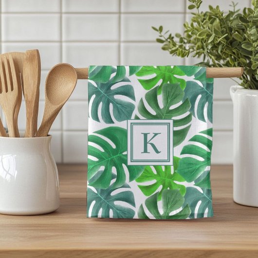 Monstera Deliciosa Leaves Monogramed Pattern Theedoek
