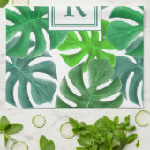 Monstera Deliciosa Leaves Monogramed Pattern Theedoek (Gevouwen)