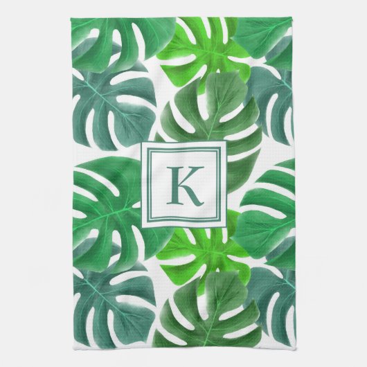 Monstera Deliciosa Leaves Monogramed Pattern Theedoek (Verticaal)
