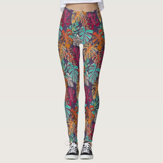 monstera deliciosa plum leggings (Voorkant)