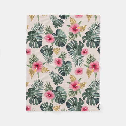 Monstera en Hibiscus patroon Fleece Deken (Voorkant)