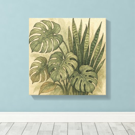 Monstera en Snake Plant Botanisch gebladerte Canvas Afdruk (Insitu (Houten vloer))