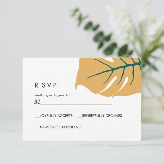 Monstera | Geel |  Huwelijksreactie RSVP (Staand voorkant)