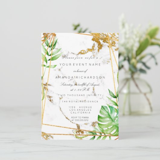 Monstera Goud Veelhoekig Frame Groene Marmer Kaart (Staand voorkant)