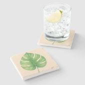 Monstera Green Leaf Design.  Stenen Onderzetter (Zijkant)