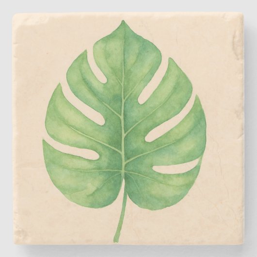 Monstera Green Leaf Design.  Stenen Onderzetter (Voorkant)
