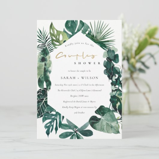 Monstera Green Leafy Hexagonal Couples Shower Kaar Bedankkaart (Staand voorkant)