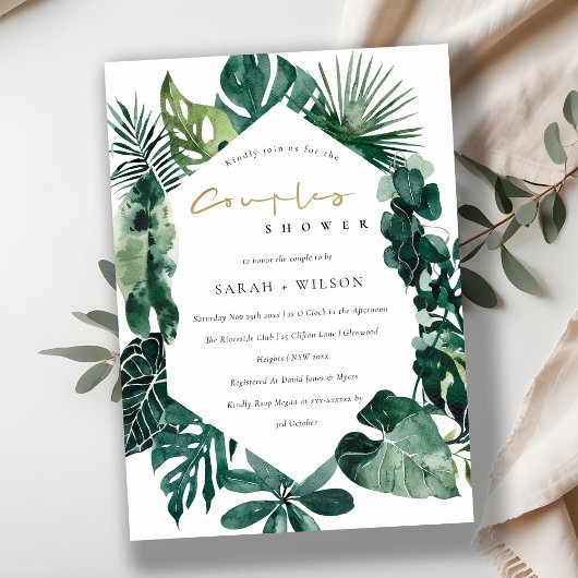 Monstera Green Leafy Hexagonal Couples Shower Kaar Bedankkaart