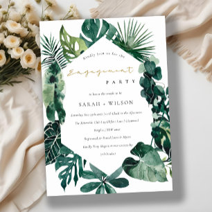 Monstera Green Leafy Hexagonal Verloving Invite Bedankkaart