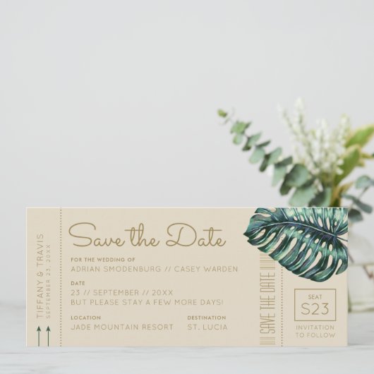 Monstera Groen en Tan Instapkaart Save the Date Aankondiging (Staand voorkant)
