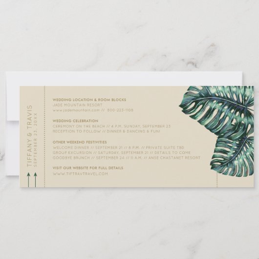 Monstera Groen en Tan Instapkaart Save the Date Aankondiging (Achterkant)