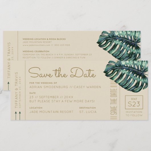 Monstera Groen en Tan Instapkaart Save the Date Aankondiging (Voorkant / Achterkant)