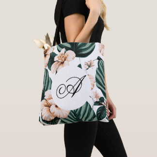 Monstera laat hibiscus achter tote bag