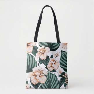 Monstera laat hibiscus achter tote bag