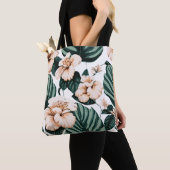 Monstera laat hibiscus achter tote bag (Dichtbij)