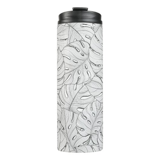 Monstera laat zwart wit patroon thermosbeker (Voorkant)