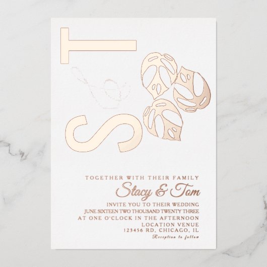 Monstera Leaf Ampersand Wedding geperst Folie Uitnodiging (Voorkant)
