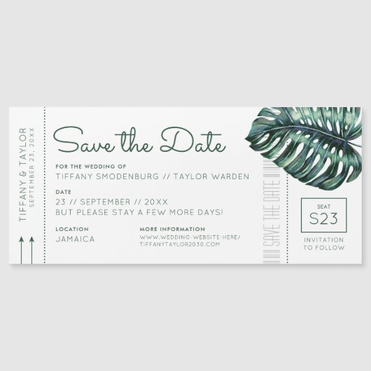 Monstera Leaf Boarding Pass Magnet Save the Date (Voorkant)