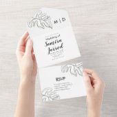 Monstera Leaf Double Line Art Black White Wedding All In One Uitnodiging (Afscheurbaar)