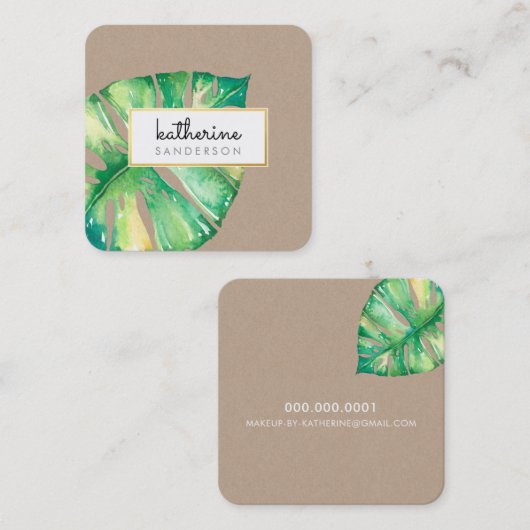 MONSTERA LEAF eco beschilderd modern waterverf kra Vierkante Visitekaartje (Voorkant / Achterkant)