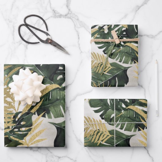 Monstera Leaf & Gold Majesty Palm Leaf Greenery Inpakpapier Vel (Voorkant)